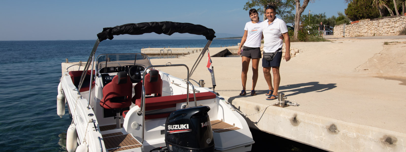 Katarina and Darko Sanko owners of Luci & Kety Boats with Baracuda 545 at Tovarnele Harbour Lun Pag Island Croatia